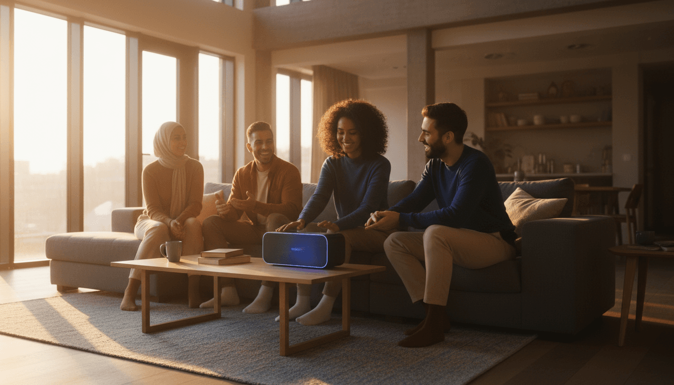 Young adults gathered together listening to Christian music on a speaker system