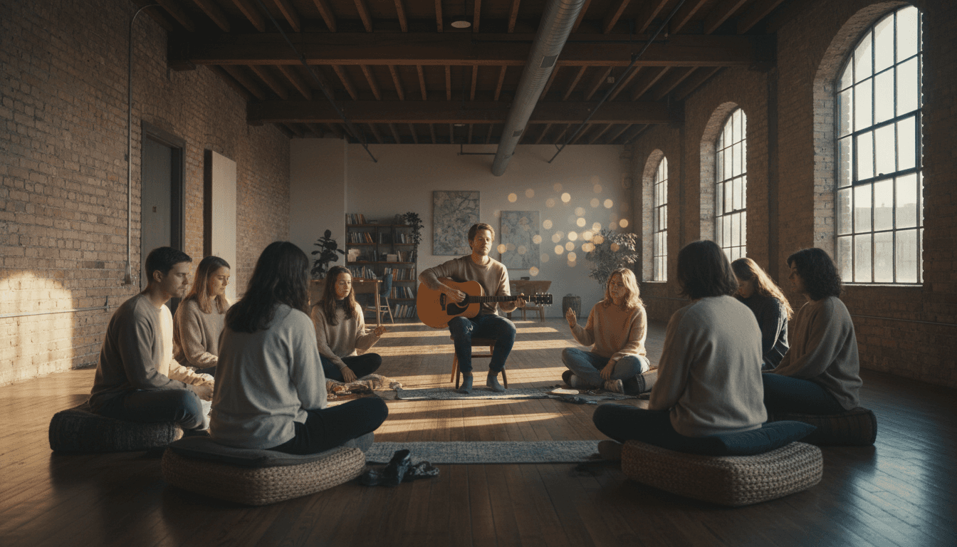 Diverse group gathered together with hands raised during a praise and worship moment in a modern church setting