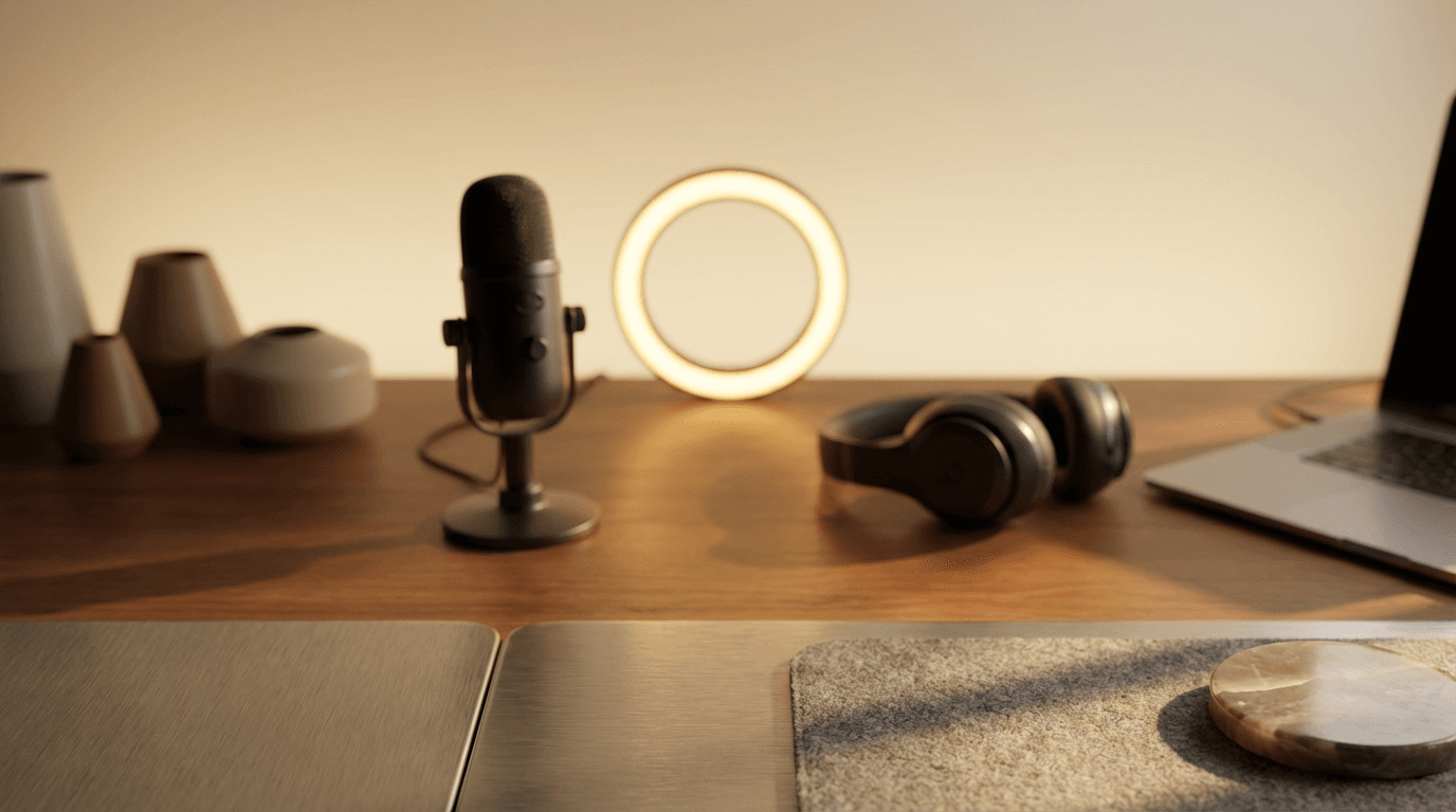 Modern radio studio with microphone and headphones bathed in warm golden light