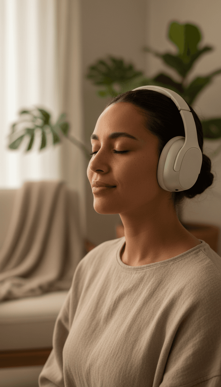 Person listening to First Up Radio sermons with peaceful expression