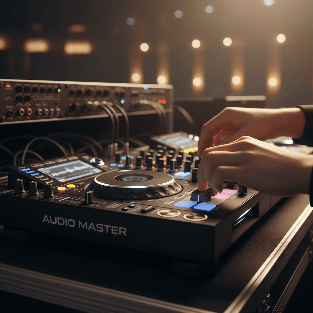 DJ Tonka working at radio station mixer with professional studio equipment in Conway