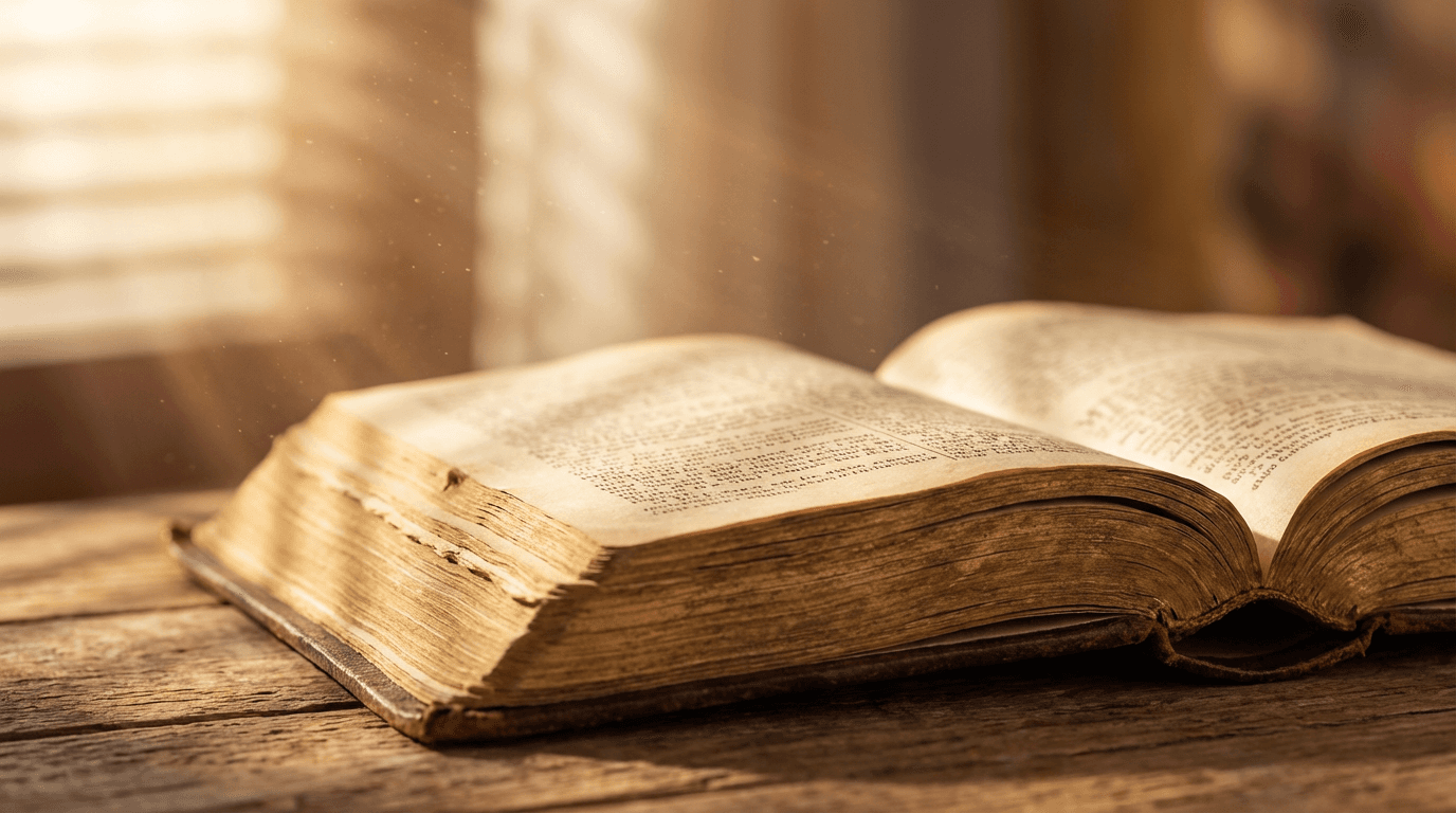 Open Bible on a podium with warm morning light