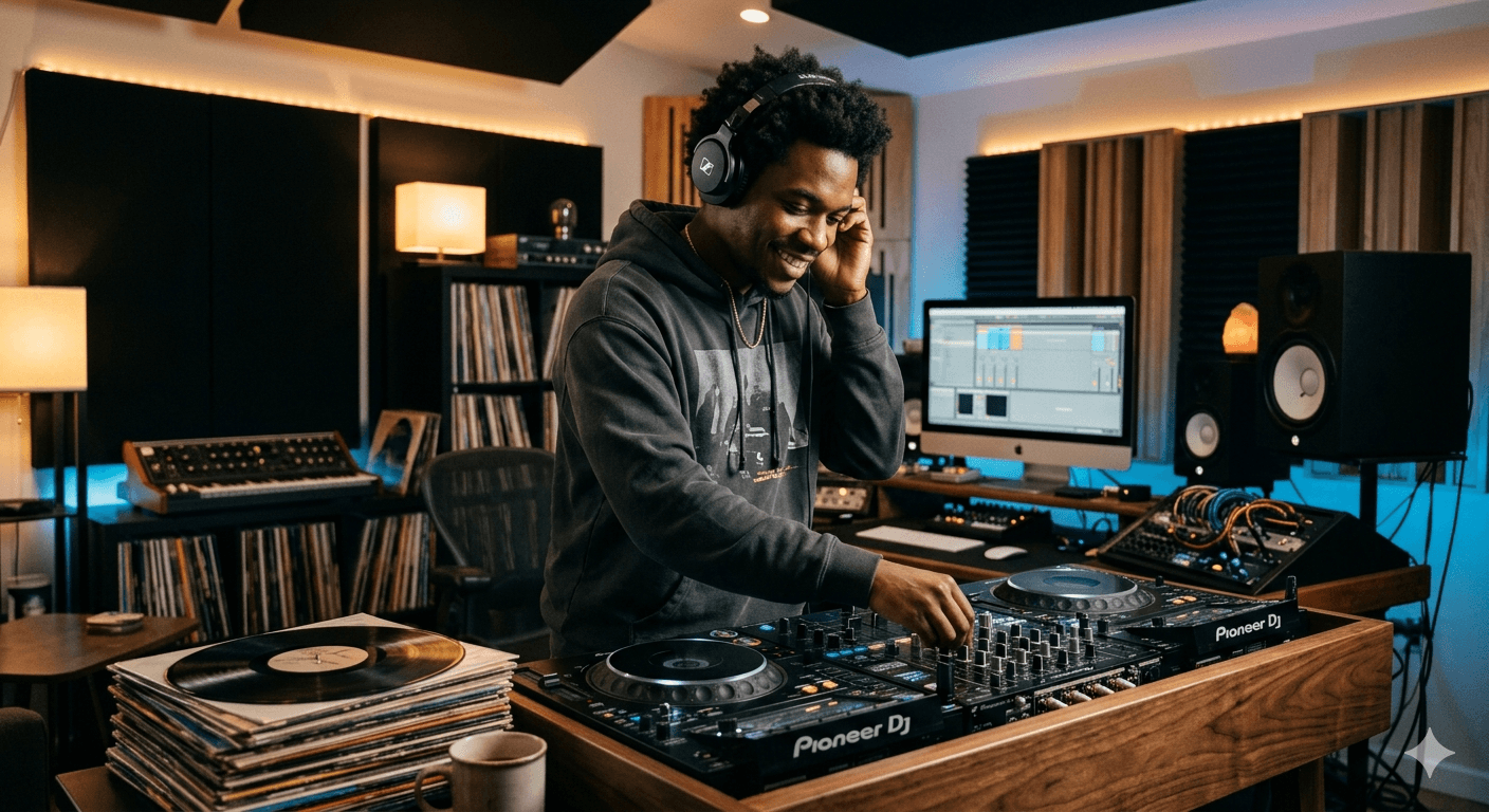 Smiling Black man wearing headphones mixes music on a Pioneer DJ controller in a studio.