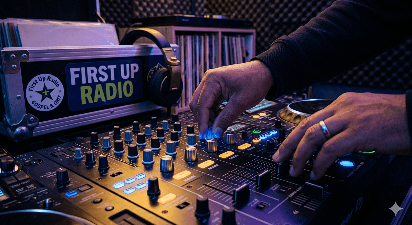 Close-up of hands operating a DJ mixer next to a First Up Radio case.