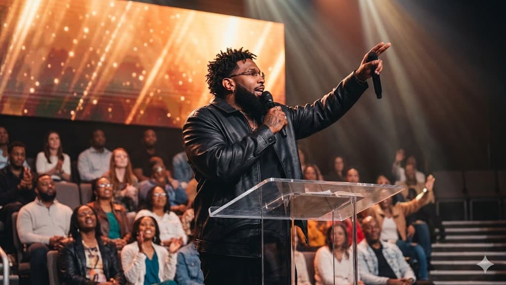 Bearded man in leather jacket speaks at a podium before a diverse, seated audience.